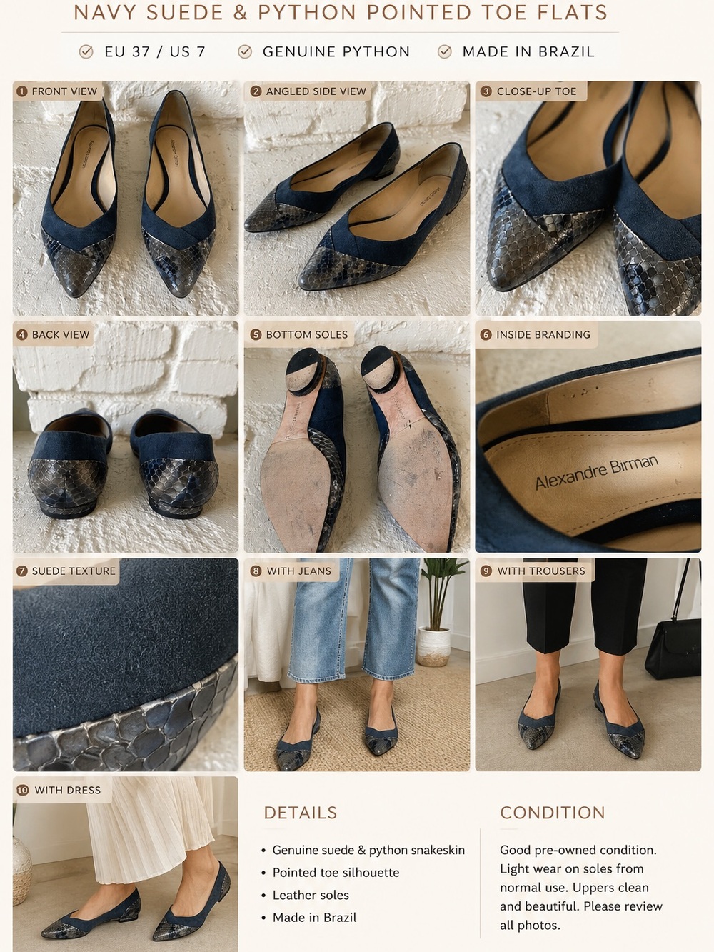 Alexandre Birman Navy Suede Python Pointed Toe
Flats EU 37 US